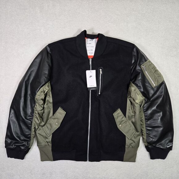 $500 Nike Leather Wool Varsity Bomber Jacket DD6773-010 Black Olive Mens XL - Picture 1 of 10